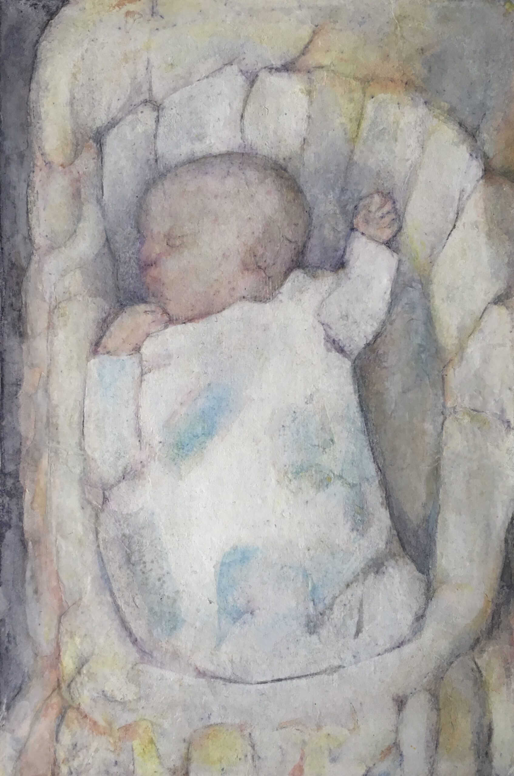 Nourrisson dans son couffin. Encre sur papier