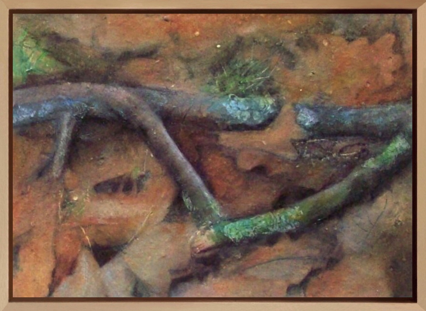 Branchages et feuilles mortes. Encre et pastel sur papier marouflé sur toile.