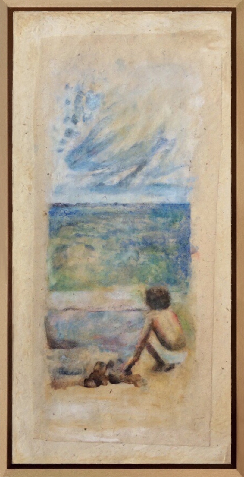 Gabriel sur une plage à Carnac. Encre et pastel sur papier marouflé sur toile.