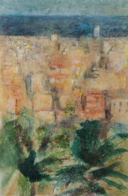 Barcelone. Encre sur papier et collage. Vue du jardin guell. 17 x 11 cm.