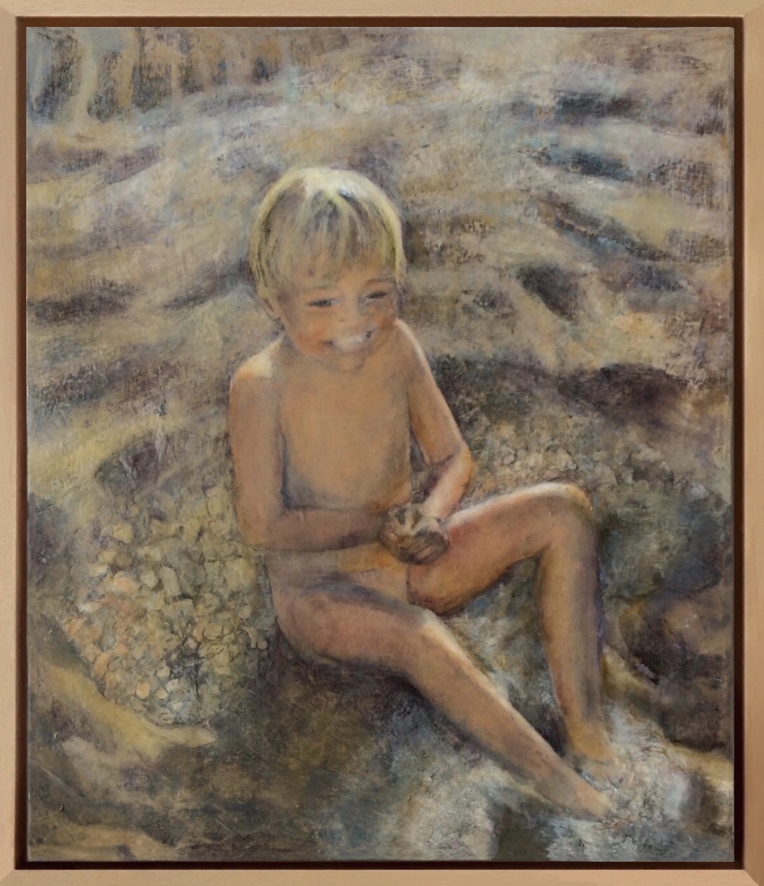 Enfant sur la plage. Encre et pastel sur papier marouflé sur toile.
