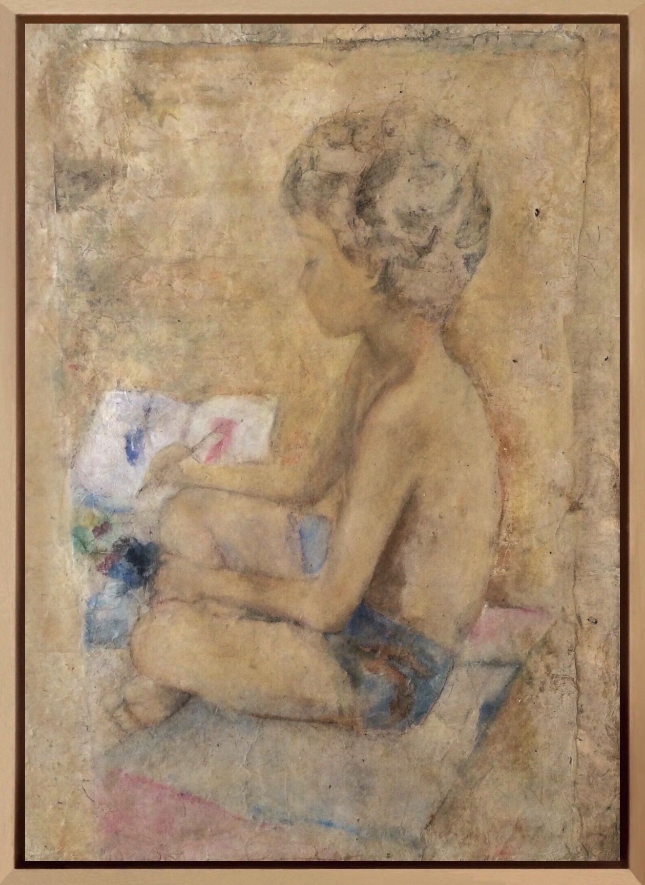 Un enfant peint sur une plage sur l’île de Brehat. Encre et aquarelle sur papier marouflé sur toile.