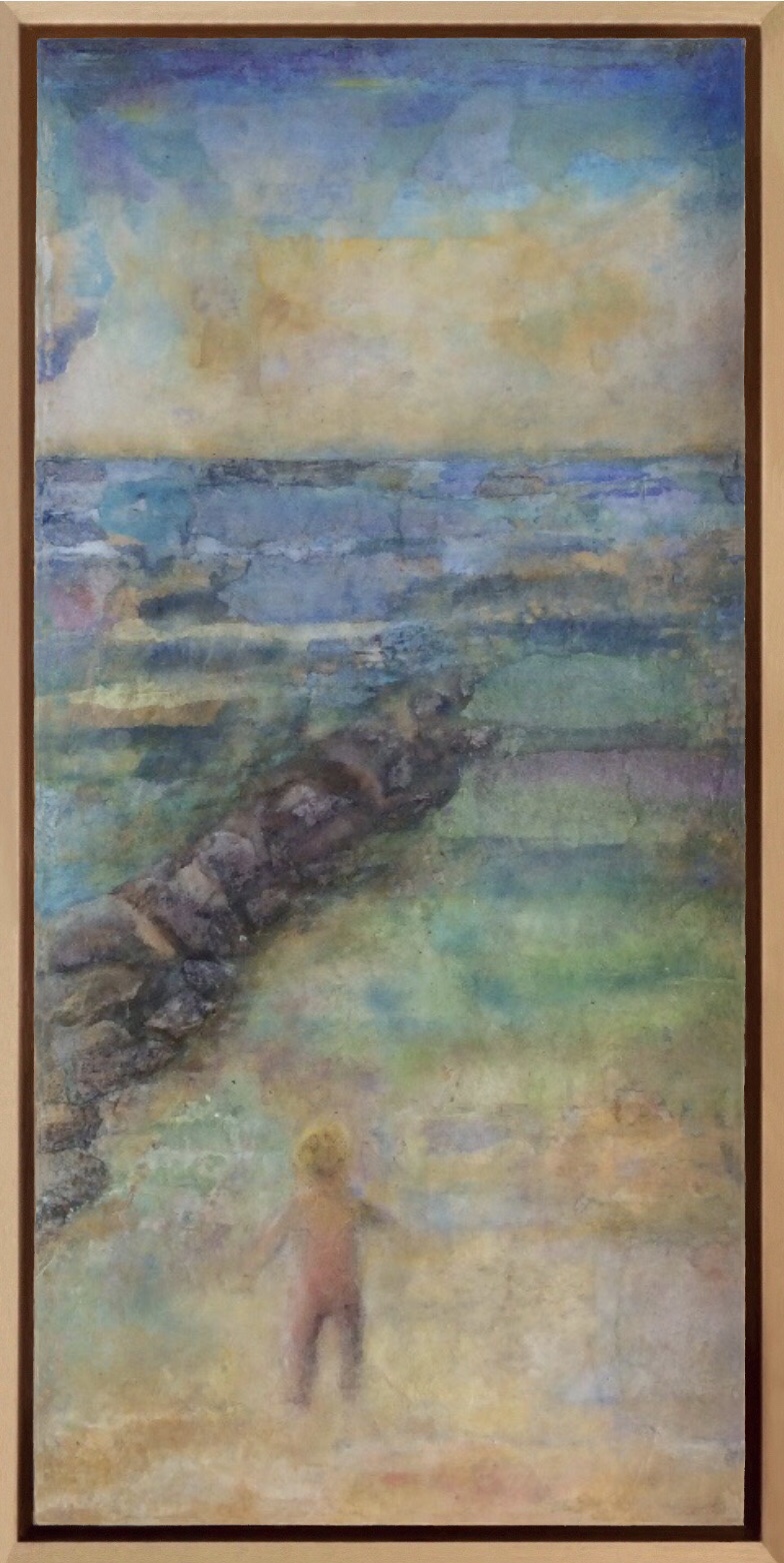 Plage à Carnac. Encre et pastel. Papier marouflé sur toile.